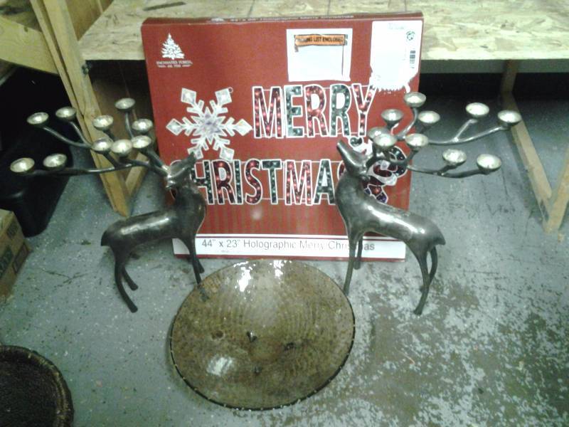 lot 40 image: 44x23 Holographic Christmas Sign, 16 Inch Decorative Bowl, 2-Metal Deer Candle Holder Statues