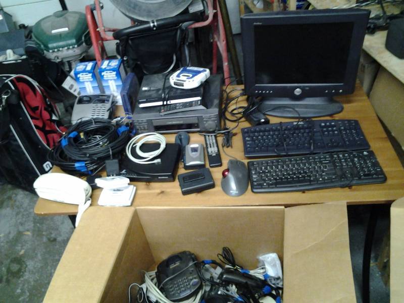 lot 41 image: Box Of Misc AV Cables, Phones, And New CFLs, Box Of Misc Computer Hardware, Including Monitor