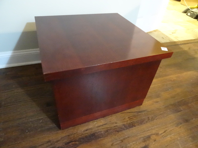 lot 9 image: Wood end table and fold up TV tray. 24 x 24 x 28 end table.
