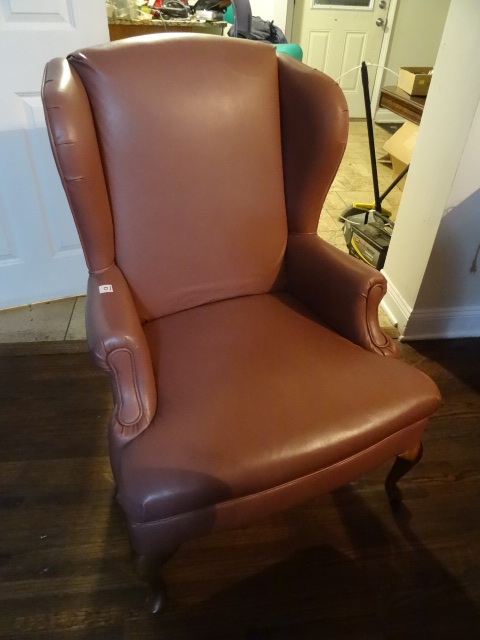 lot 11 image: Leather wood framed high back office chair.