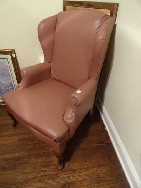 lot 12 image: Leather wood framed high back office chair. Has some paint on left side.