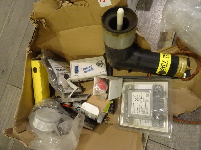 lot 73 image: Box of misc electrical supplies. See pics for better descriptions.