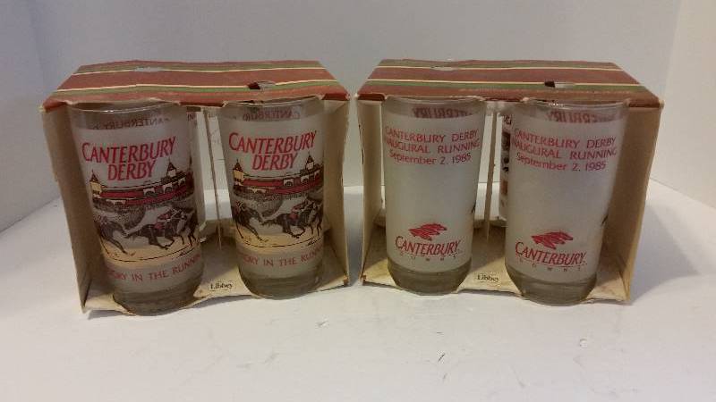 lot 74 image: Set of (8) Canturbury Downs Inaugural Running September 2, 1985 Commemorative Glasses - Never Used in Original Packaging