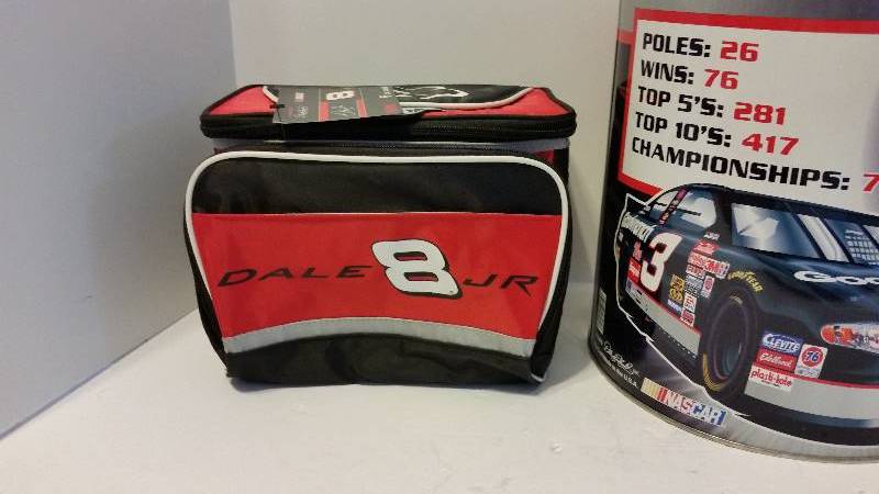 lot 82 image: Father and Son Lot - #8 Dale Earnhardt Jr Thermal Cooler New with Original Tag and #3 Dale Earnhardt Sr Commemorative Tin