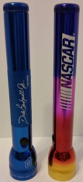 lot 83 image: Set of (2) Long Handled Metal Flashlights NASCAR Multi Color and Blue Dale Earnhardt - See Pictures