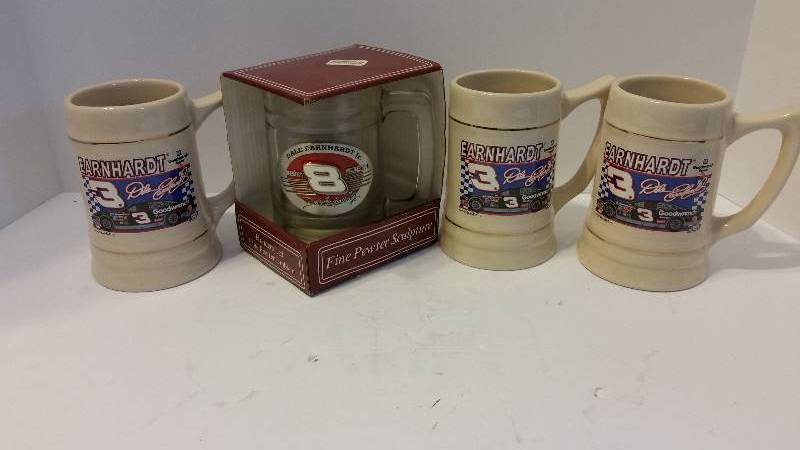lot 104 image: Missing Man Set Three (3) Dale Earnhardt Coffee Mugs and One (1) Dale Earnhardt Jr GLass Mug - A Nice Tribute to a legend