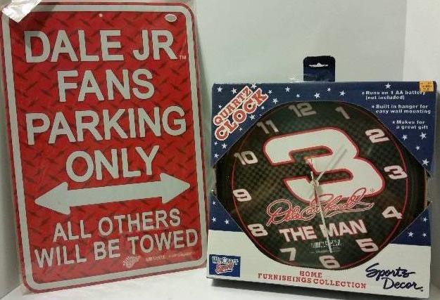lot 115 image: #3 Dale Earnhardt Clock in Original Box and Metal Dale Earnhardt Jr Reserved Parkinng Sign