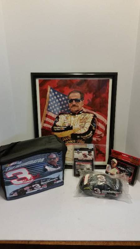 lot 232 image: Large Lot of #3 Dale Earnhardt Memorabelia - Print, Summer Cooler, #3 Dale Earnhardt Glass, Twin Pack Playing Cards and Beenie Stuffed Toy