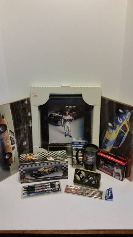 lot 229 image: Large Lot of #3 Dale Earnhardt Memorabelia including Wall Plaque, Nightlite, Thermal Mug, 2 Pack Metal Tin Cards, Keychain and Lighter etc.