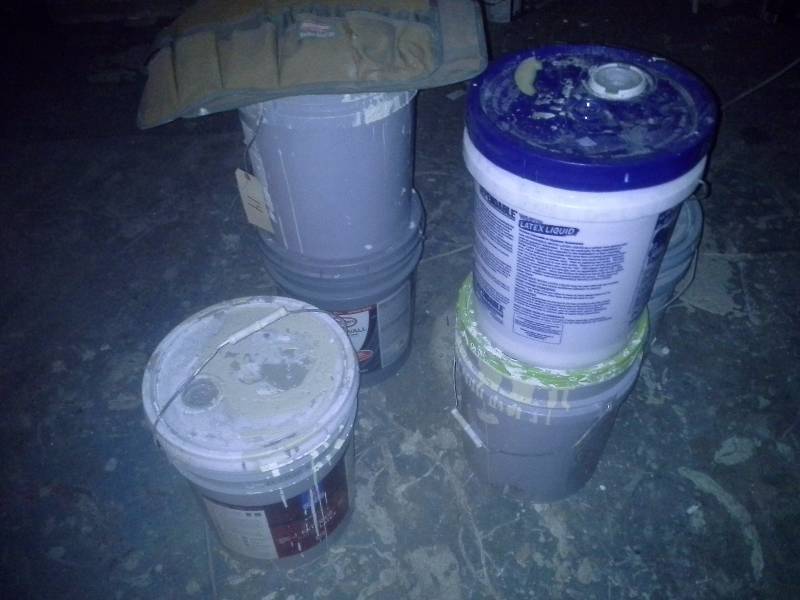 Five Gallon Buckets of Paint(6) and Bucket Tool Buddy