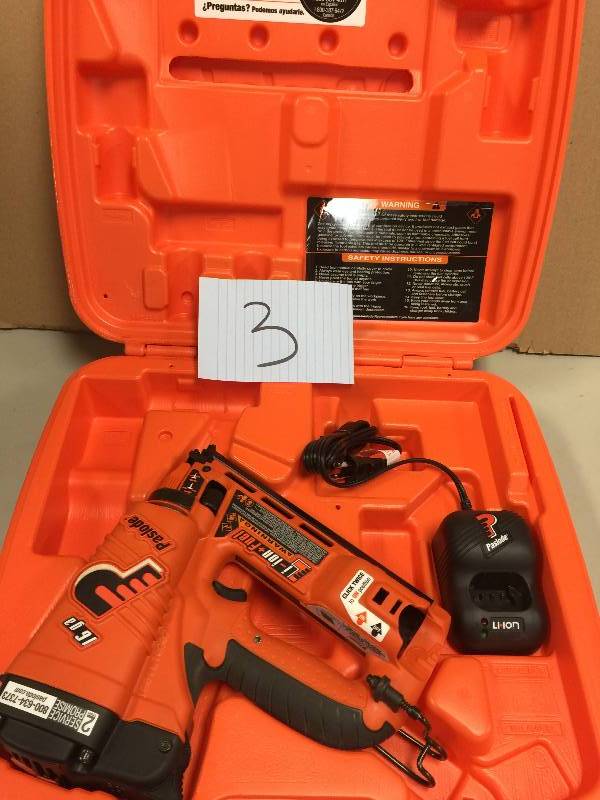 lot 3 image: Paslode Cordless 16-Gauge Angled Lithium-Ion Finish Nailer Model # 902400