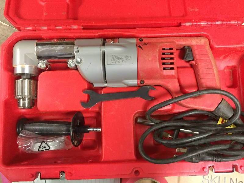 lot 53 image: Milwaukee 7 Amp 12 in. Corded Heavy Right-Angle Drill Kit in like new condition