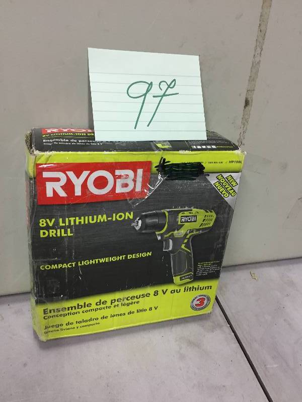 lot 97 image: Ryobi 8-Volt Lithium-Ion Drill Kit in like New conditions
