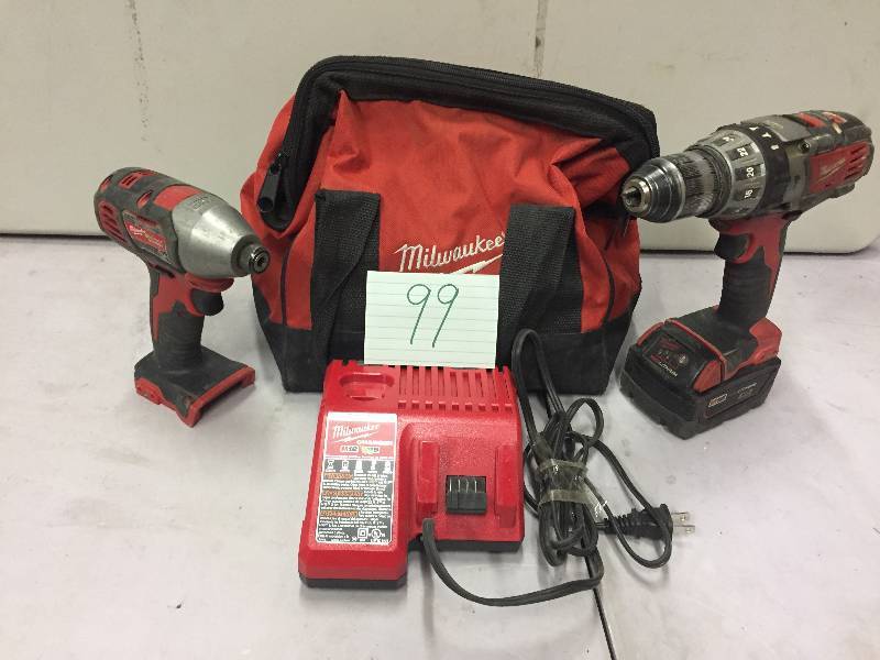 lot 99 image: Milwaukee M18 Cordless 12in. Hammer DrillDriver and  Impact Driver Combo  With 1  Batterry in working conditions