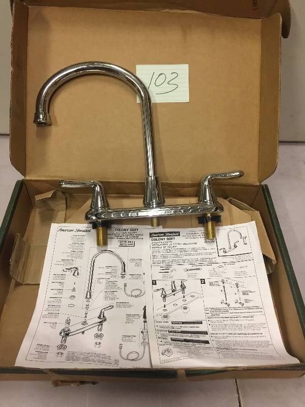 lot 103 image: American Standard Colony Soft 2-Handle Standard Kitchen Faucet with Gooseneck Spout in Polished Chrome