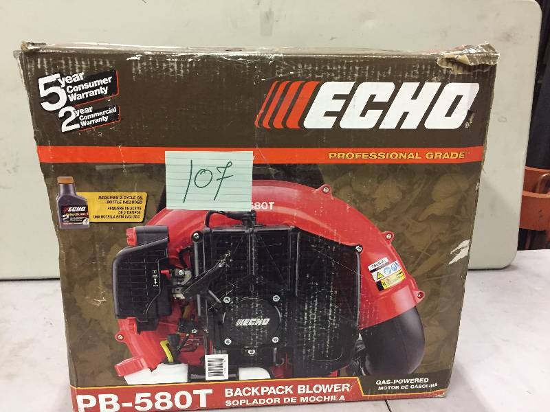 lot 107 image: ECHO 215 MPH 510 CFM 58.2cc Gas Backpack Blower with Tube Throttle Model#  PB-580T  opdn box never used