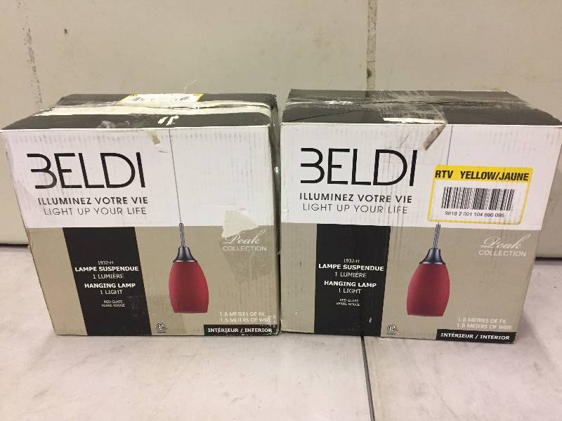 lot 118 image: Lot of 2 BELDI Peak Collection 1-Light Red and Nickel Pendant  open box
