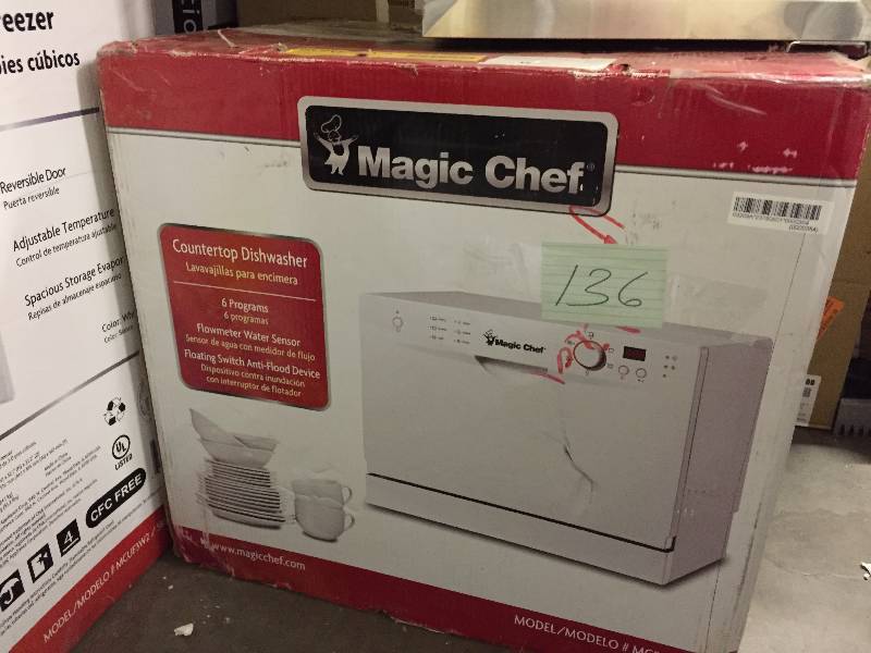 lot 136 image: Magic Chef Countertop Portable Dishwasher in White with 6 Place Settings Capacity