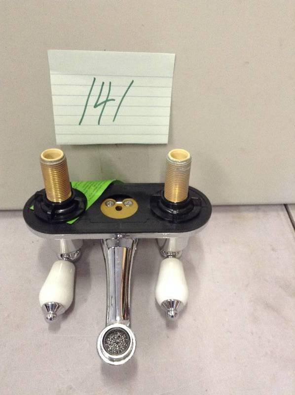 lot 141 image: Glaier By Teapot 4 in. Centerset 2-Handle Low-Arc Bathroom Faucet in Chrome see pictures missing pop up assembly an hardware