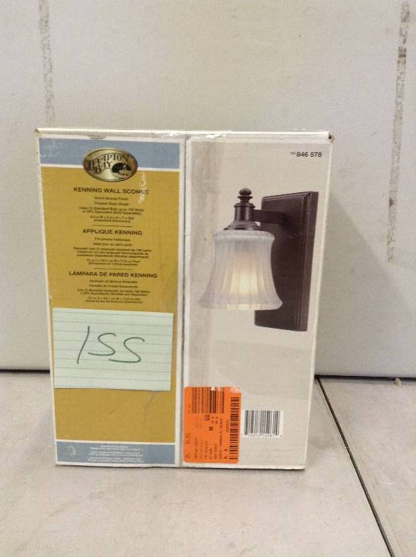lot 155 image: Hampton Bay Kenning 1-Light Dutch Bronze Bath Sconce Model#  15261  open box never used