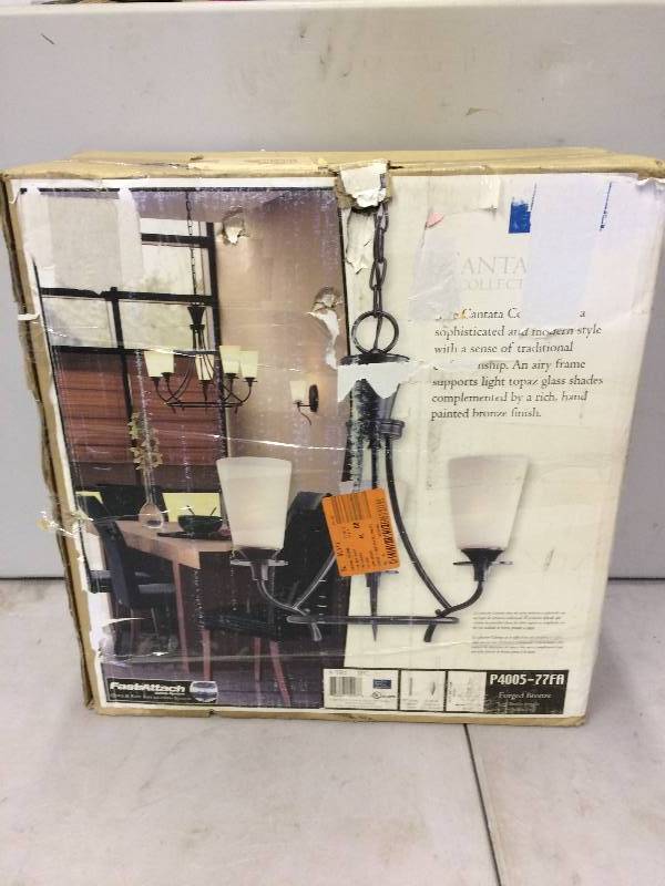 lot 139 image: Progress Lighting Draper Collection 3-Light Antique Bronze Chandelier-P4717-20 Never used