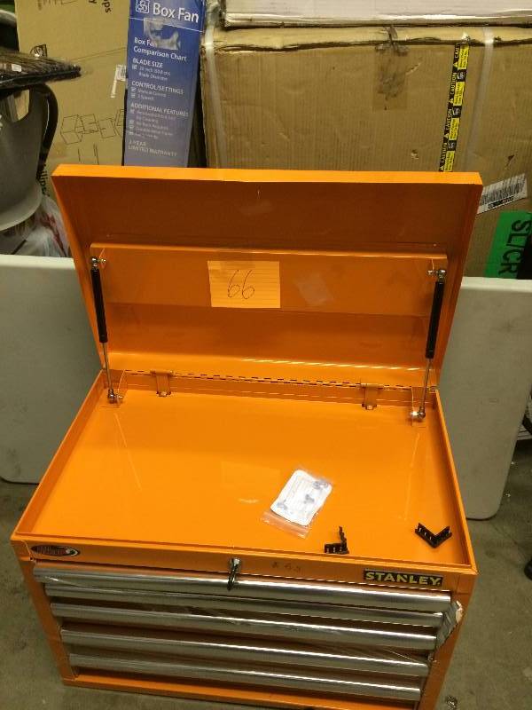lot 66 image: Stanley 26 in. W 5-Drawer Tool Chest, Orange Never used small dent see pictures