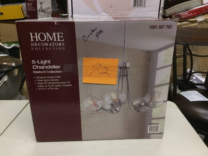 lot 82 image: Home Decorators 5 Light Chandelier - missing one globe never used