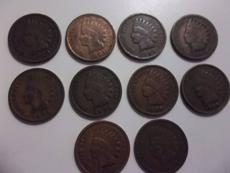 1900, 1901, 1902, 1903, 1904, 1905, 1906, 1907, 1908, 1909 Indian Head Cents