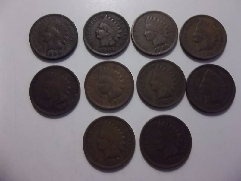 1900, 1901, 1902, 1903, 1904, 1905, 1906, 1907, 1908, 1909 Indian Head Cents