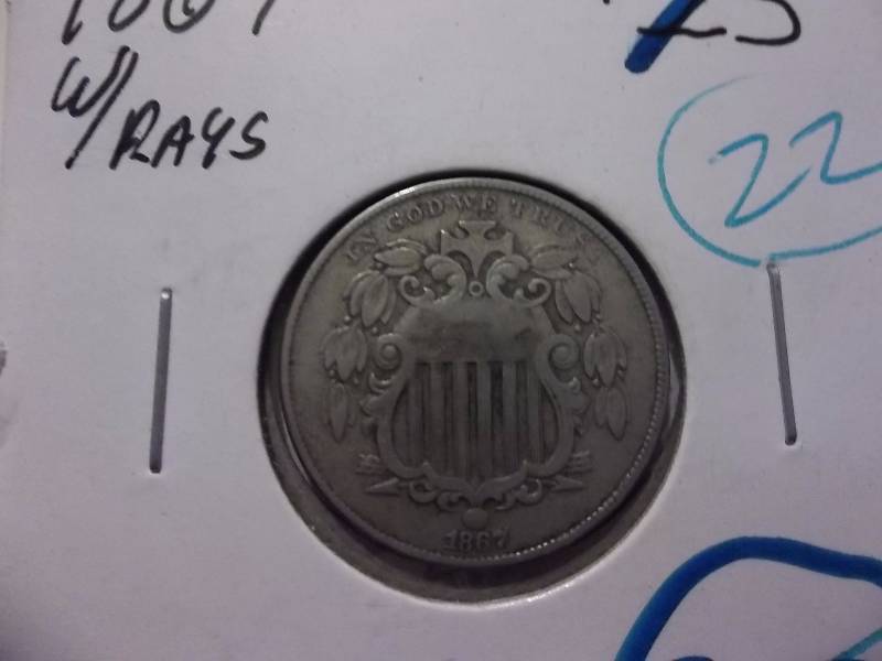 1867 Shield Nickel With Rays Rare Date Better Grade ($50-$90 Grey Sheets Value) VF