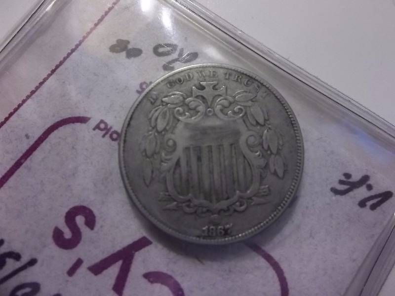 1867 Shield Nickel No Rays Rare Date Better Grade ($50-$90 Grey Sheets Value) VF