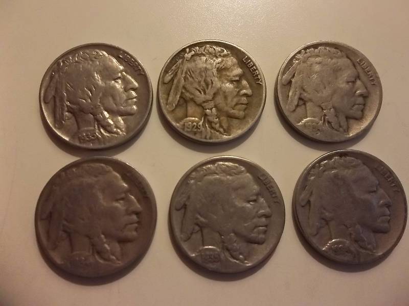 1929 S 1934, 1934 D, 1934 D, 1935, 1935 S Buffalo Nickels All With Strong Readable Dates