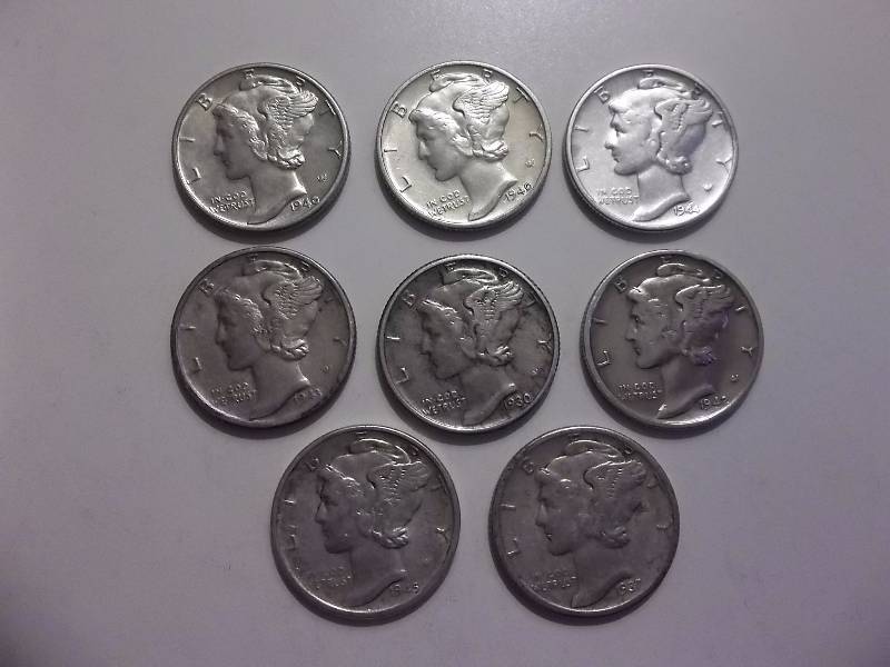 8-Mercury Dimes 1930-1945 Very High Grades AU