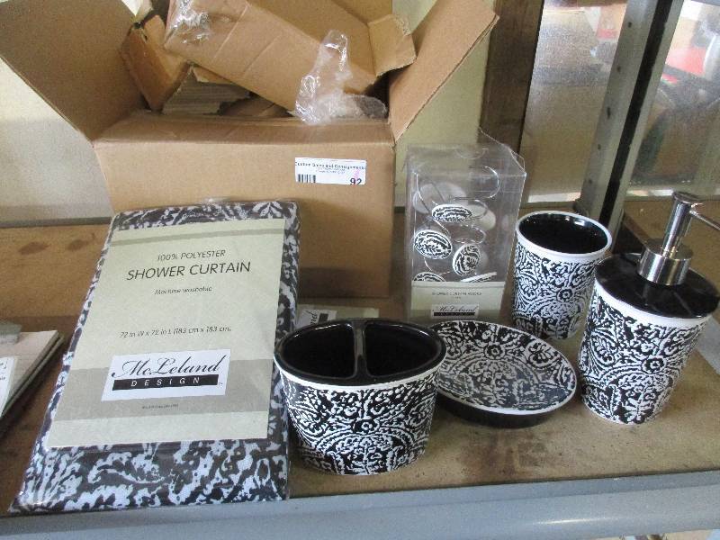 lot 92 image: matching bathroom set - shower curtain and hooks, soap dispenser, soap holder, tooth brush holder