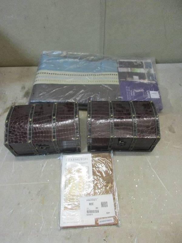 lot 129 image: window coverings and 2 small storage chests