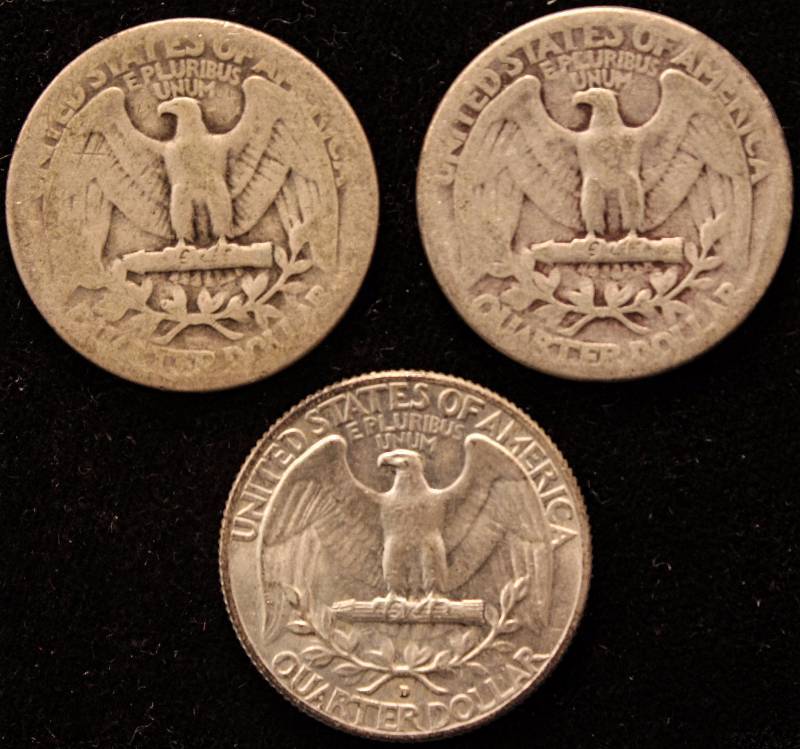 GROUP OF 3 SILVER WASHINGTON QUARTERS 1934, 1940 & 1964-D