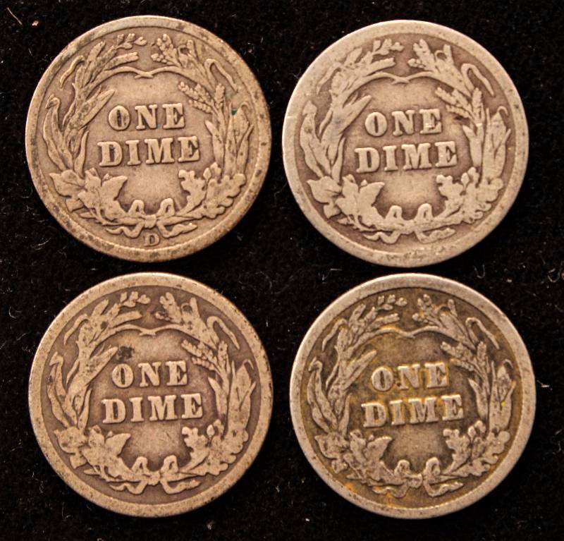 GROUP OF 4 BARBER SILVER DIMES 1908-D, 1913, 1914 & 1916