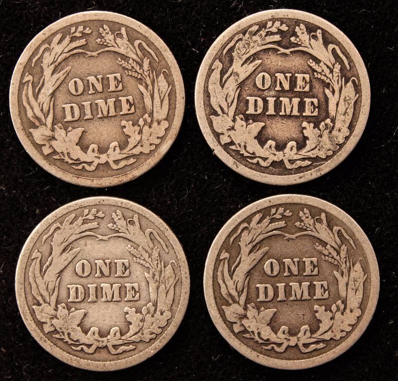GROUP OF 4 BARBER SILVER DIMES 1911, 1913, 1914 & 1916