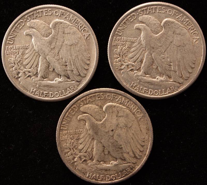 GROUP OF 3 WALKING LIBERTY SILVER HALF DOLLARS 1941, 1942 & 1945D VF-XF