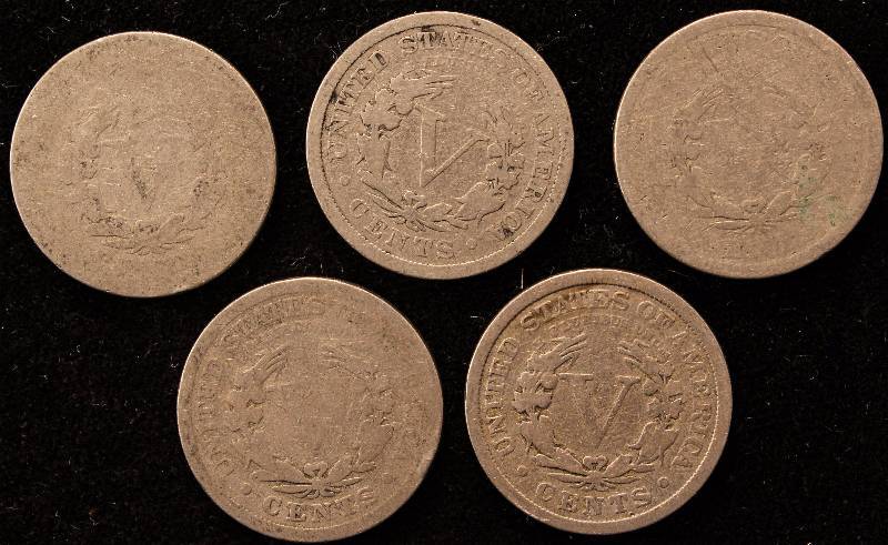 GROUP OF 5 LIBERTY V NICKELS 1897, 1900, 1902, 1911 & 1912