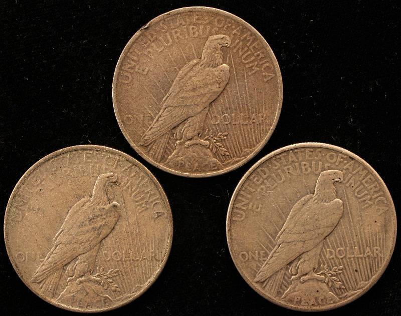 GROUP OF 3 PEACE SILVER DOLLARS 1922P, 1923P, 1925P