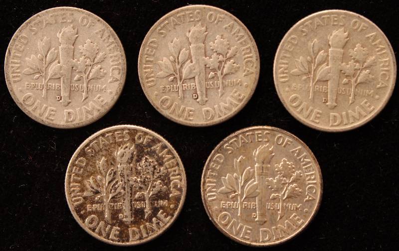GROUP OF 5 ROOSEVELT SILVER DIMES 1948-D, 53-D, 54-D, & (2)64-D
