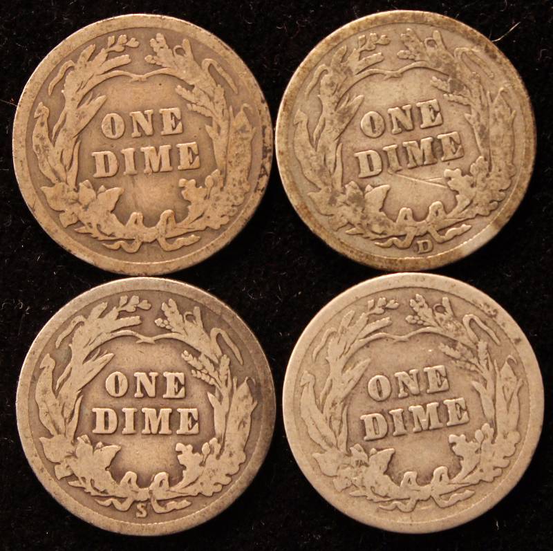 GROUP OF 4 BARBER SILVER DIMES 1912D, 1913, 1914S & 1916