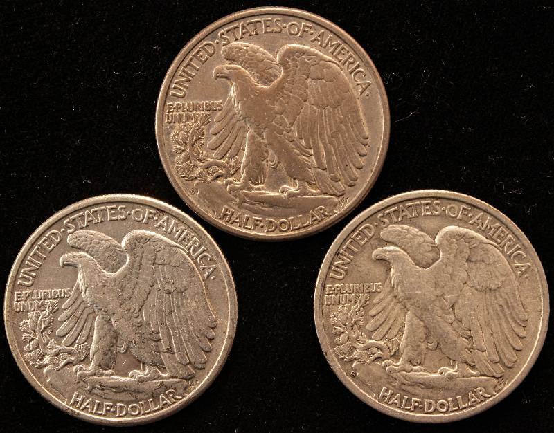 GROUP OF 3 WALKING LIBERTY SILVER HALF DOLLARS 1939D, 1942P & 1944S XF-AU