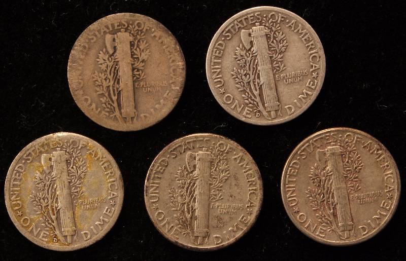 GROUP OF 5 MERCURY SILVER DIMES 1920 1942D, 44D & (2) 1945P