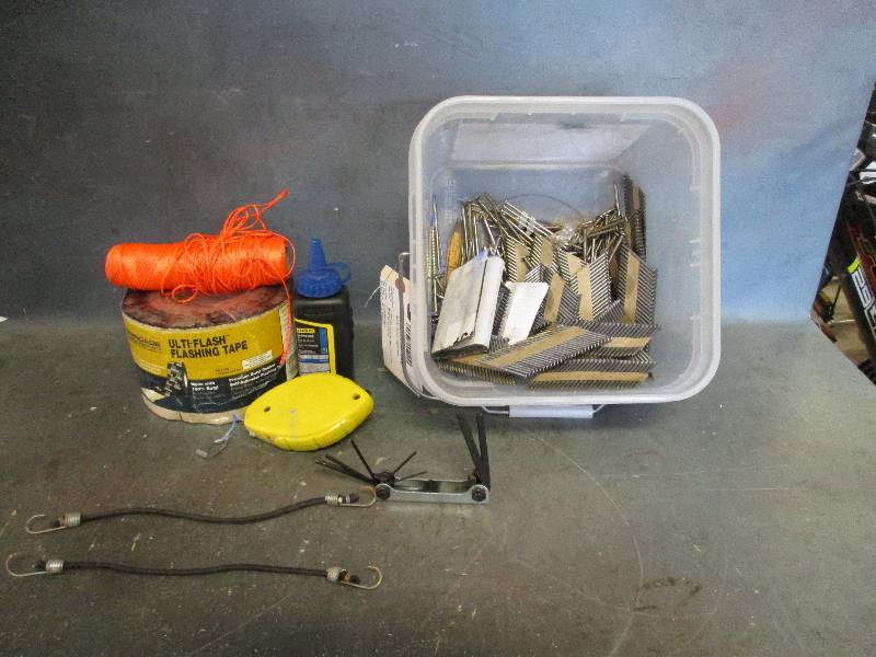 lot 90 image: Misc Construction Equip Nails Chalk Bungies