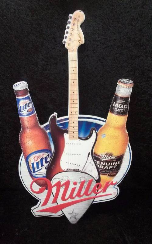 lot 5 image: Metal Miller Beer Guitar Sign, 36x20