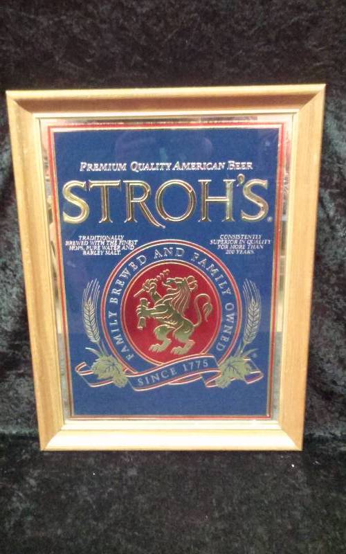 lot 10 image: Framed STROHs Brewery Mirror, 20x15