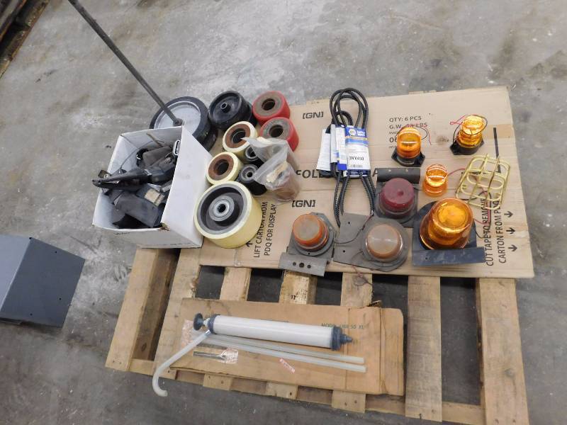 lot 17 image: Misc Lot of Wheels, Lights, Seat Belts, Barrel Pump