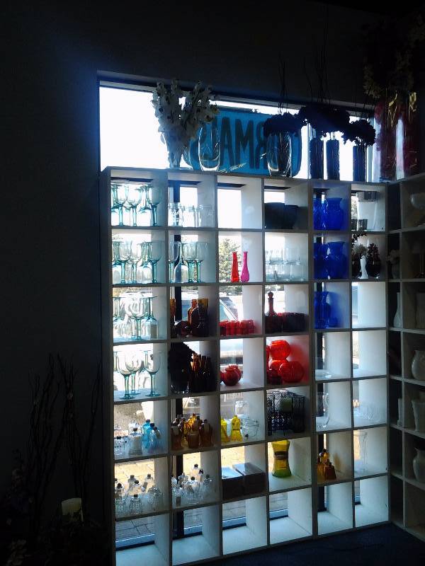 Large Lot Of Colored Glass Vases, Tall Vases & Arrangements On Top Shelf